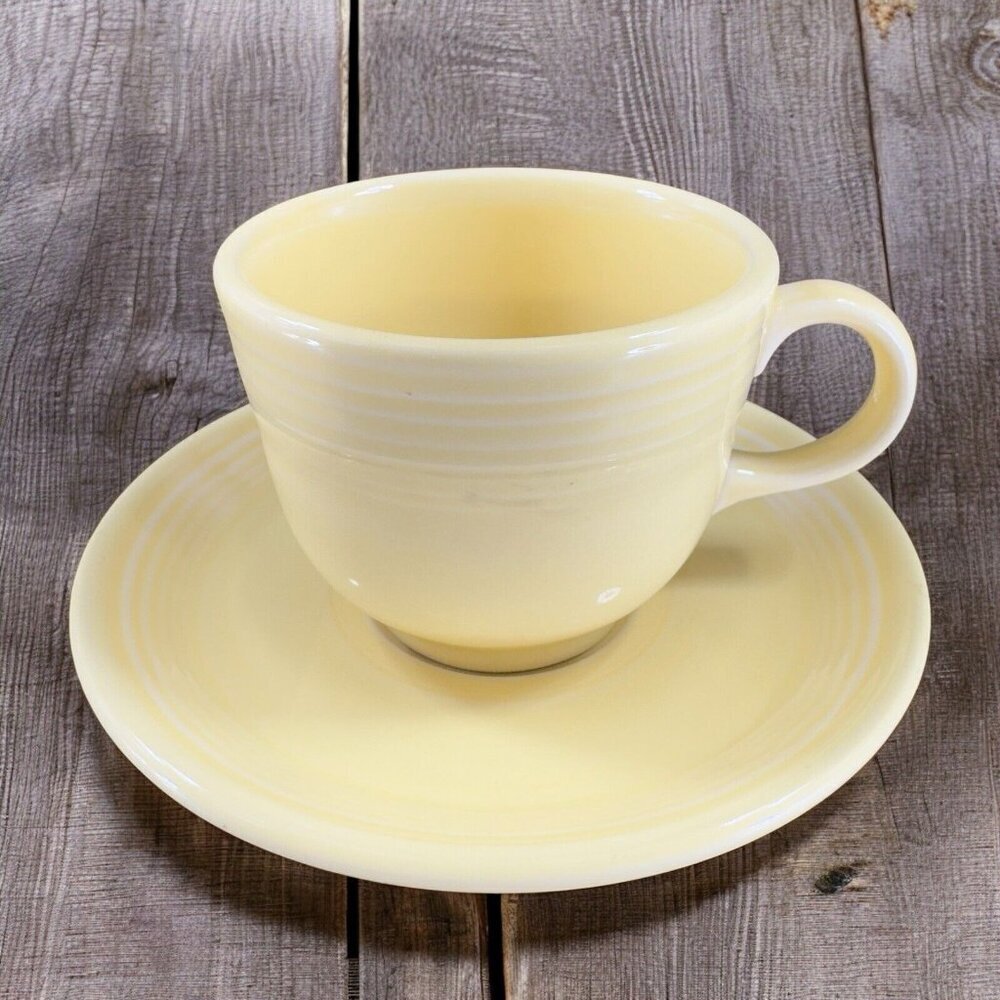 Fiesta Fiestaware Ceramic Teacup And Saucer Set Ivory Yellow Homer Laughlin‎ VTG